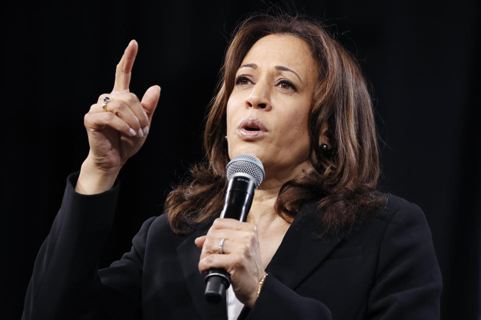 Sen. Kamala Harris, D-Calif., speaks at a forum on labor issues in Las Vegas on April 27. (Photo: AP/John Locher)