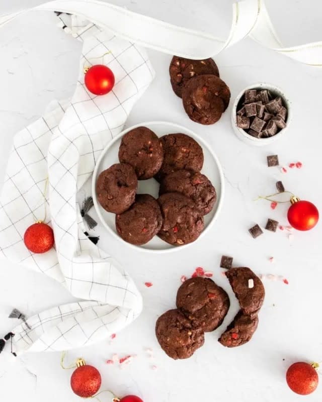 <p>Nutmeg Nanny</p><p>Rich and fudgy cookies with just a hint of white chocolate and peppermint flavor.</p><p><strong>Get the recipe: <a href="https://www.nutmegnanny.com/chocolate-peppermint-bark-cookies/" rel="nofollow noopener" target="_blank" data-ylk="slk:Chocolate Peppermint Bark Cookies;elm:context_link;itc:0;sec:content-canvas" class="link ">Chocolate Peppermint Bark Cookies</a></strong></p>
