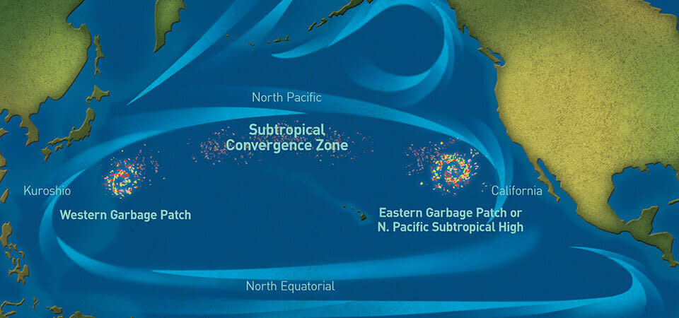 A rendering of the Great Pacific Garbage Patch, which is spread over a massive area of the North Pacific between California and Japan. Lecomte and his team are currently navigating the eastern portion.&nbsp; (Photo: <a href="https://oceanservice.noaa.gov/facts/garbagepatch.html" target="_blank">National Oceanic and Atmospheric Administration</a>)