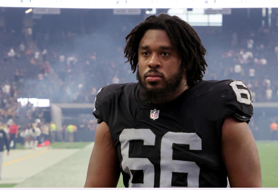 LAS VEGAS, NEVADA – AUGUST 14: Guard Dylan Parham #66 of the Las Vegas Raiders walks off the field after the team’s 26-20 victory over the Minnesota Vikings in their preseason game at Allegiant Stadium on August 14, 2022 in Las Vegas, Nevada. (Photo by Ethan Miller/Getty Images)