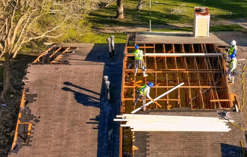 Repairs are underway at the Saddleworth Green apartments, 2901 SW 41st St., Ocala. Teams were removing trees and tarping exposed buildings on Sunday. The National Weather Service in Jacksonville determined on Sunday that Saturday's storm was an EF-1 tornado.