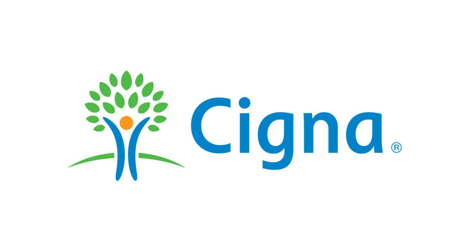 Cigna logo of a person-graphic as the trunk of a tree with green leaves.