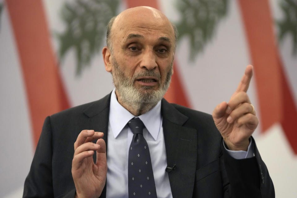 Samir Geagea, leader of the Christian Lebanese Forces party, gestures as he speaks during an interview with the Associated Press, in Maarab east of Beirut, Tuesday, April 30, 2024. Geagea blasted the Shiite militant group Hezbollah for opening a front with Israel to back up its ally Hamas, saying it has harmed Lebanon without making a dent in Israel's crushing offensive in the Gaza Strip. (AP Photo/Hussein Malla)