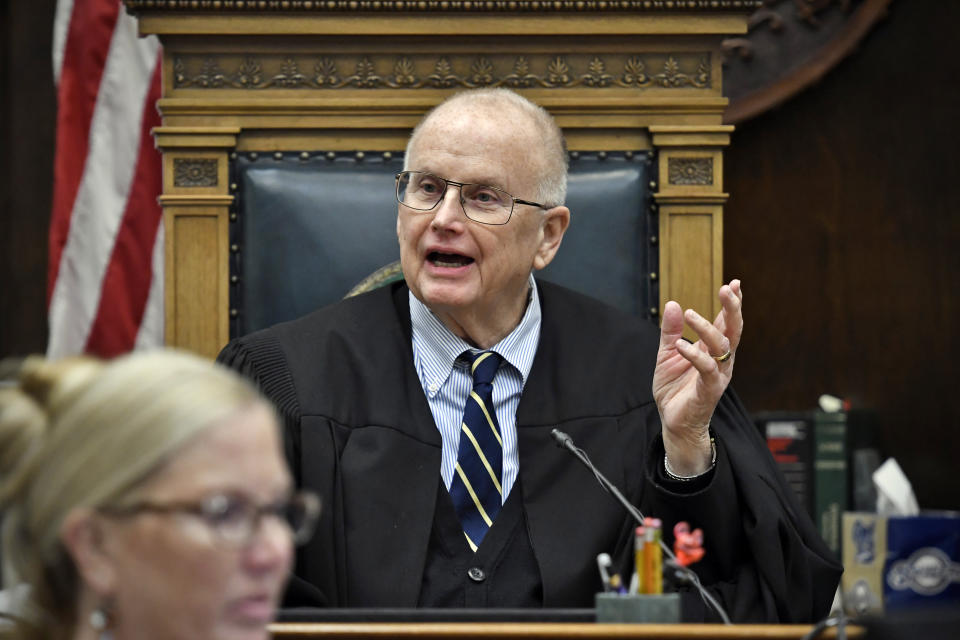 Judge Bruce Schroeder talks about why he let the jury take home the jury instructions at the end of the day in Kyle Rittenhouse's trial at the Kenosha County Courthouse in Kenosha, Wis., on Thursday, Nov. 18, 2021. (Sean Krajacic/The Kenosha News via AP, Pool)