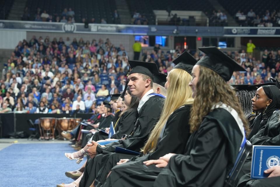 Assumption University, a private, Catholic school, celebrated its 107th commencement Sunday with about 415 graduates earning 485 degrees, 69 graduates earning double majors and one earning a triple major.