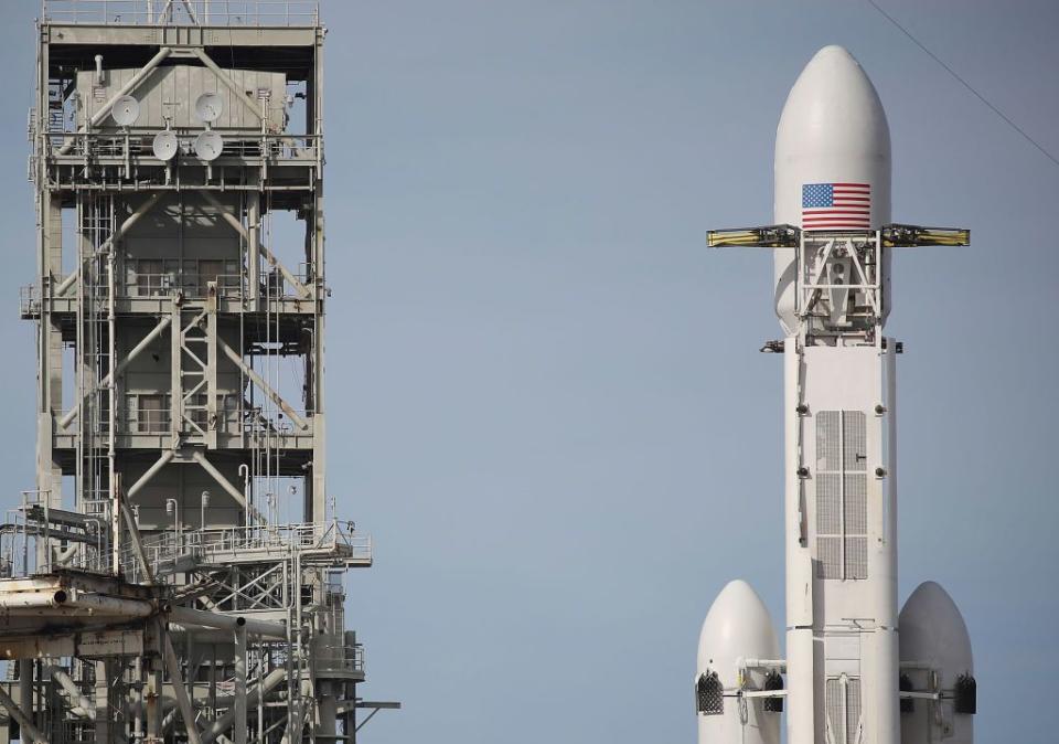 The SpaceX Falcon Heavy rocket sits on launch pad 39A at Kennedy Space Center as it is prepared for lift-off on February 5, 2018 in Cape Canaveral, Florida. (Photo by Joe Raedle/Getty Images)