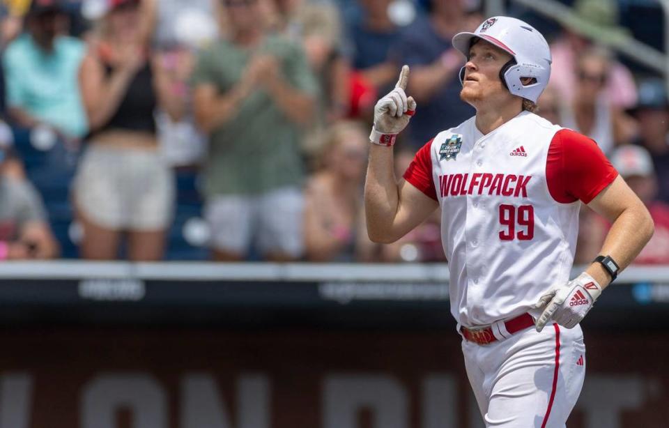 N.C. State third baseman Alec Makarewicz (99) reacts after connecting for a 2 RBI home run in the third inning against Florida in game seven of the College World Series on Monday, June 17, 2024 at Charles Schwab Field in Omaha, Nebraska.