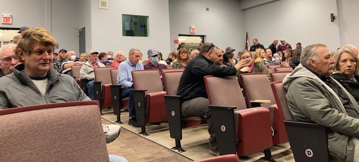 Opponents of a solar farm planned for north of Gaston gather in the Wes-Del High School auditorium Saturday, Jan. 22, 2022, to discuss efforts to turn back the project.