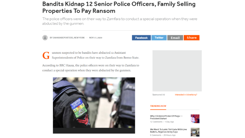 奈及利亞發生12名警官遭集體擄人勒贖事件。（圖／翻攝自Sahara Reporters）
