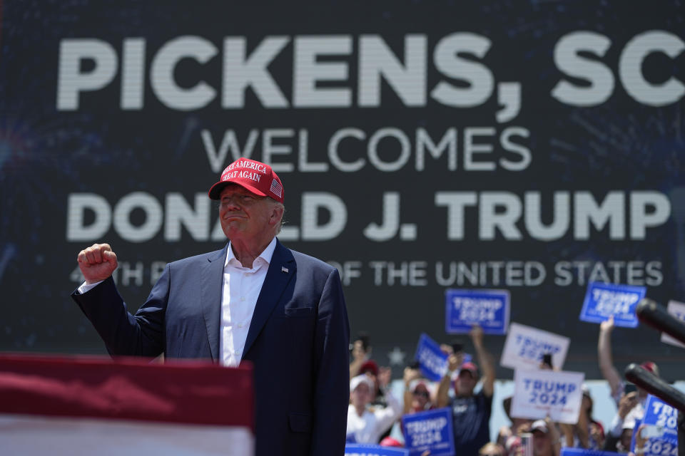 Former President Donald Trump speaks during a rally, Saturday, July 1, 2023, in Pickens, S.C. (AP Photo/Chris Carlson)