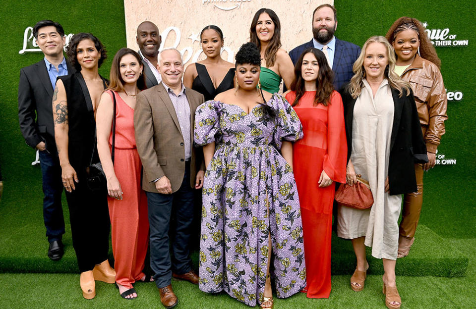 (L-R) Albert Cheng, Amazon Studios COO, Desta Tedros Reff, Executive Producer, Hilarie Holt-Burnett, Sony VP of Current Programming, Vernon Sanders, Amazon Studios Head of TV, Glenn Adilman, Sony EVP of Comedy Development, Chanté Adams, Gbemisola Ikumelo, D'Arcy Carden, Abbi Jacobson and Will Graham, Co-Creators & Executive Producers, Jennifer Salke, Head of Amazon Studios and Latasha Gillespie, Amazon Studios & Prime Video Global Head of Diversity, Equity & Inclusion attend the official Los Angeles red carpet premiere & screening of "A League Of Their Own" on August 04, 2022 in Los Angeles, California.