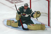 Minnesota Wild goalie Marc-Andre Fleury gives up a goal to St. Louis Blues' Vladimir Tarasenko during the third period of Game 2 of an NHL hockey Stanley Cup first-round playoff series Wednesday, May 4, 2022, in St. Paul, Minn. The Wild won 6-2. (AP Photo/Jim Mone)