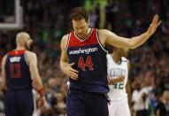 Apr 30, 2017; Boston, MA, USA; Washington Wizards guard Bojan Bogdanovic (44) holds his hand up at his bench after shooting an air ball during the second half of the Boston Celtics 123-111 win over the Washington Wizards in game one of the second round of the 2017 NBA Playoffs at TD Garden. Mandatory Credit: Winslow Townson-USA TODAY Sports