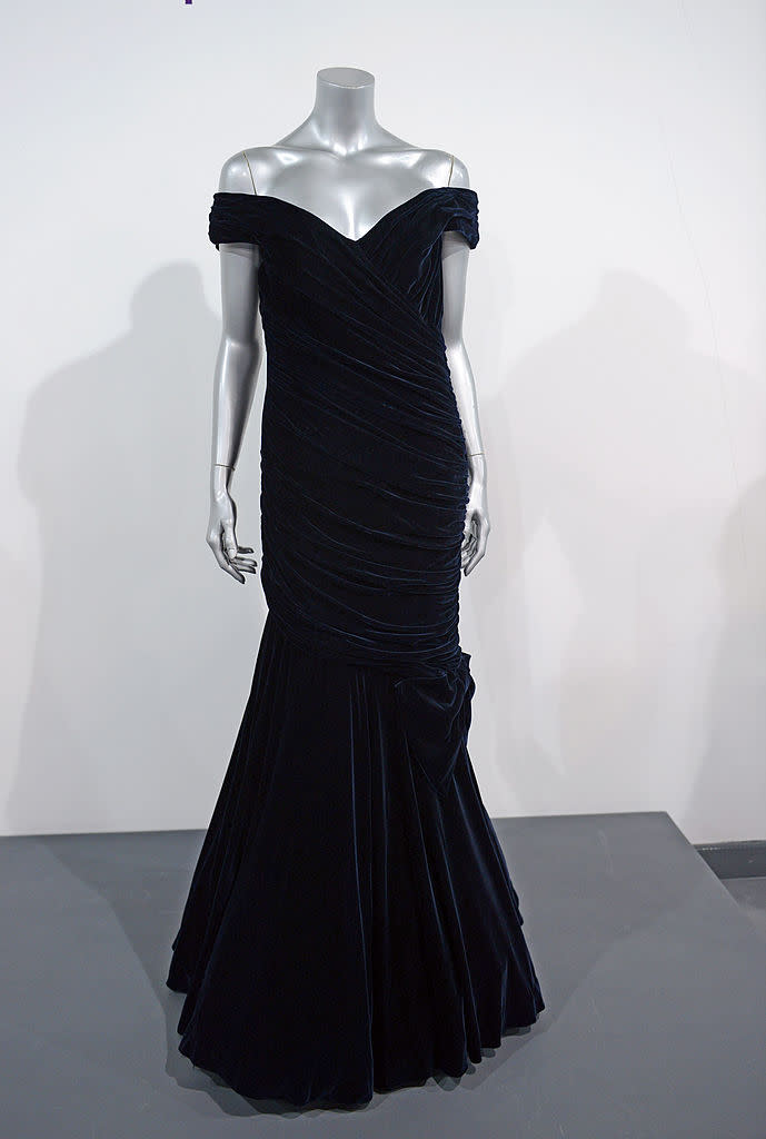 Victor Edelstein Midnight Blue Velvet Gown worn for a State dinner at the White House when Diana danced with John Travolta in November 1985. (Photo: Getty)