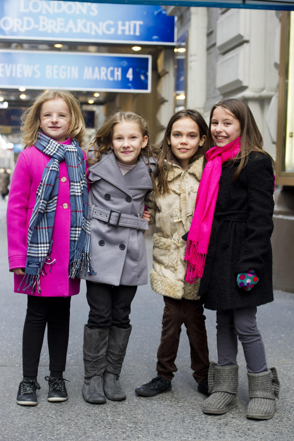 Actresses from left, Milly Shapiro, Sophia Gennusa, Oona Laurence and Bailey Ryon, who will share the title role in "Matilda the Musical" on Broadway, pose for a portrait outside the Shubert Theatre, on Thursday, Nov. 15, 2012 in New York. (Photo by Charles Sykes/Invision/AP)