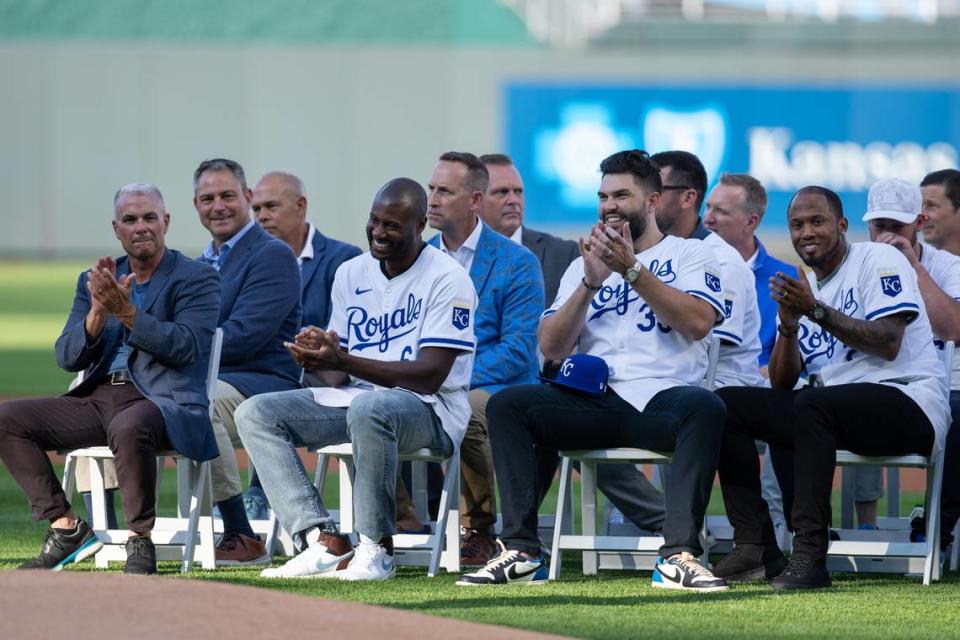 Former general manager Dayton Moore (from left), Lorenzo Cain, Eric Hosmer, Alcides Escobar and other members of the Kansas City Royals’ 2014 American League championship team were honored at Kauffman Stadium during a pre-game ceremony on Friday, May 17, 2024.