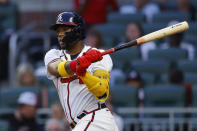 Atlanta Braves Ronald Acuna Jr. hits an RBI single in the second inning of a baseball game against the Philadelphia Phillies, Tuesday, May 24, 2022, in Atlanta. (AP Photo/Todd Kirkland)