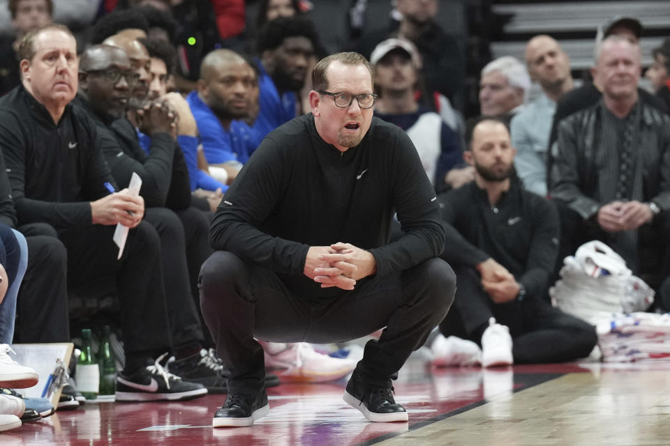 Philadelphia 76ers coach Nick Nurse watches during the first half of the team's NBA basketball game against the Toronto Raptors on Saturday, Oct. 28, 2023, in Toronto. (Chris Young/The Canadian Press via AP)