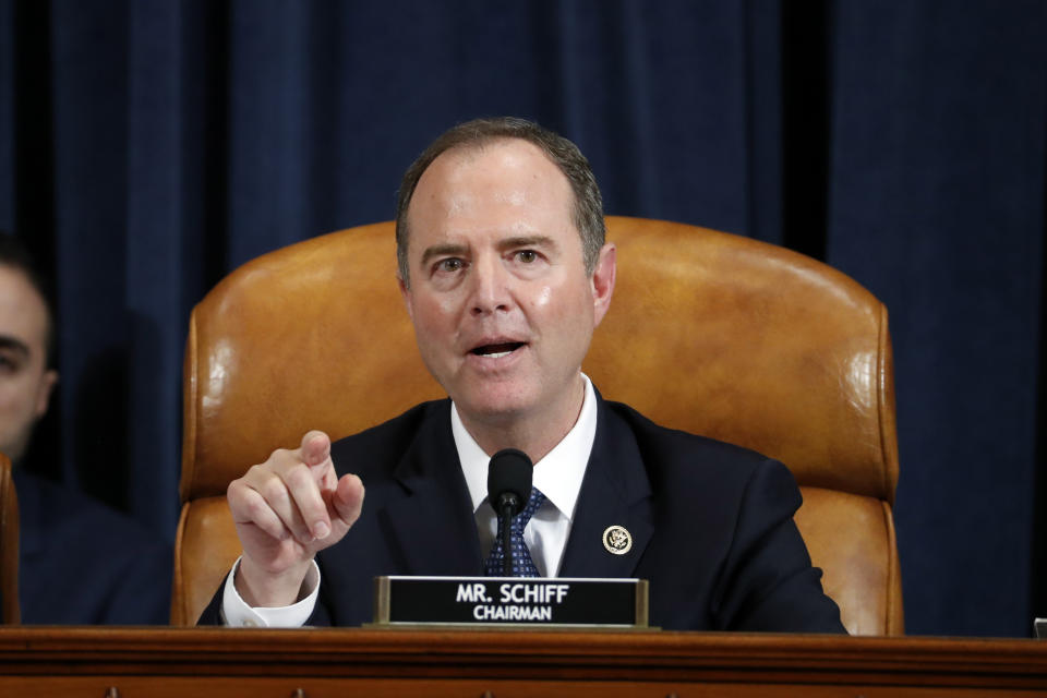House Intelligence Committee Chairman Adam Schiff, D-Calif., gives his closing remarks after Ambassador Kurt Volker, former special envoy to Ukraine, and Tim Morrison, a former official at the National Security Council, testified before the House Intelligence Committee on Capitol Hill in Washington, Tuesday, Nov. 19, 2019, during a public impeachment hearing of President Donald Trump's efforts to tie U.S. aid for Ukraine to investigations of his political opponents. (AP Photo/Jacquelyn Martin, Pool)