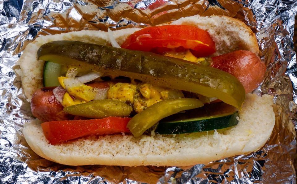 A Chicago style hot dog at Sparky's Hot Dog stand, Tuesday, July 12, 2022, in Sheboygan, Wis. 