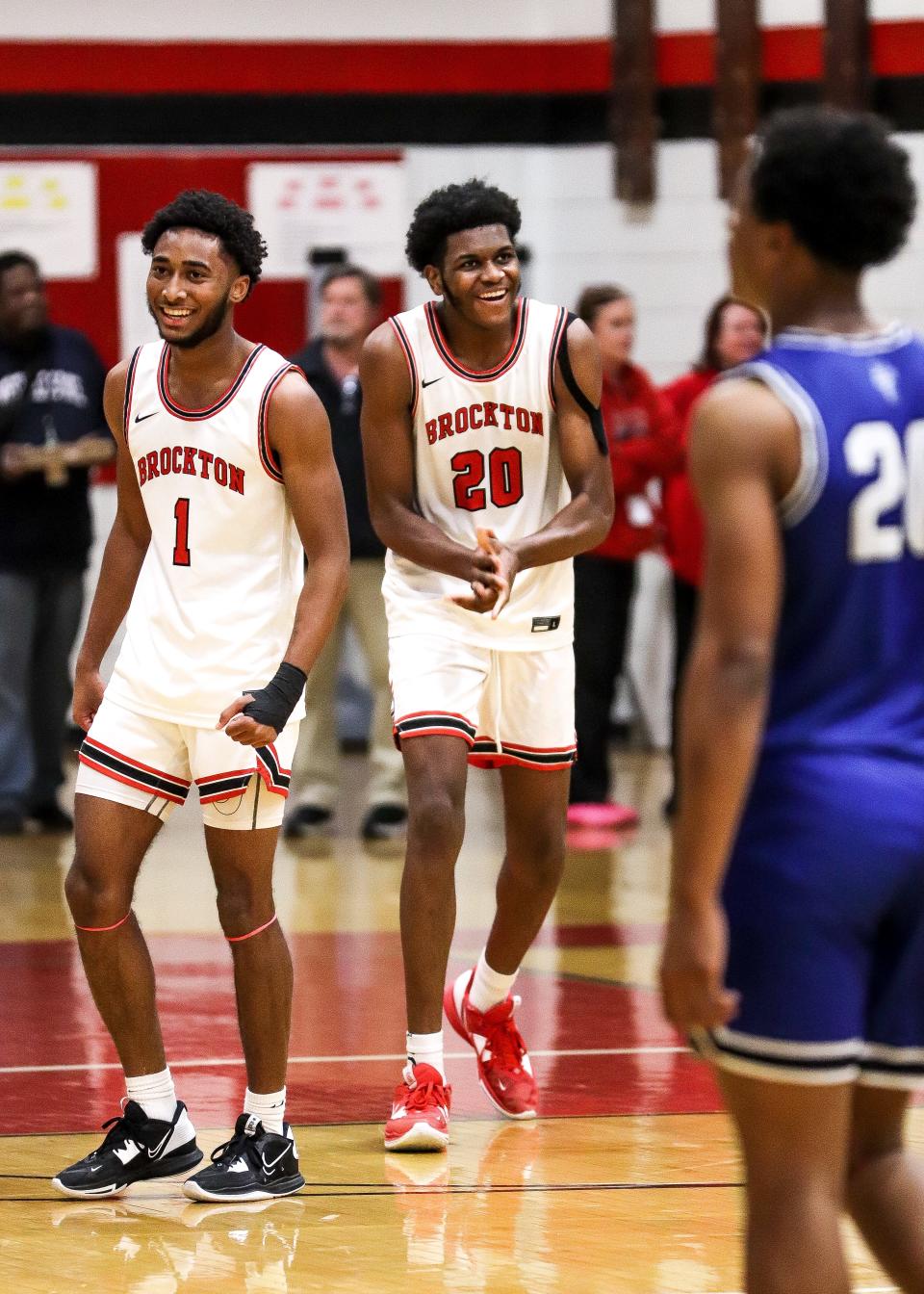 Brockton's Cam Monteiro, left, and Chidi Nwosu celebrate during a game against Methuen in the Round of 32 of the Div. 1 state tournament on Thursday, March 2, 2023.