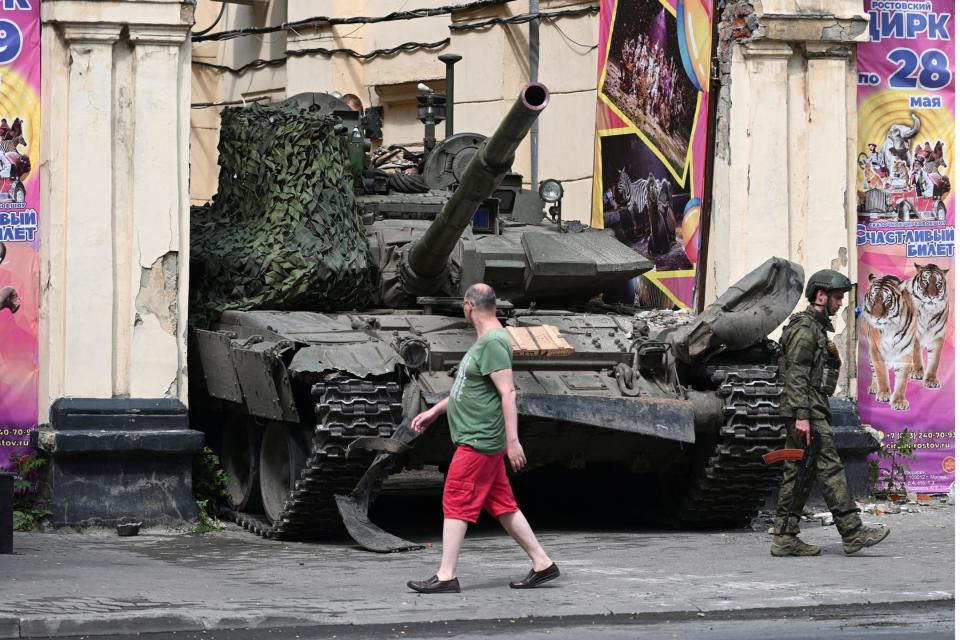 Fighters of Wagner private mercenary group are deployed near a local circus in the city of Rostov-on-Don, Russia, June 24, 2023.