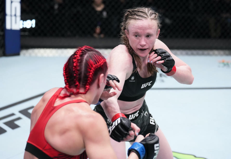 LAS VEGAS, NEVADA – MARCH 12: (R-L) JJ Aldrich battles Gillian Robertson of Canada in their flyweight fight during the UFC Fight Night event at UFC APEX on March 12, 2022 in Las Vegas, Nevada. (Photo by Chris Unger/Zuffa LLC)