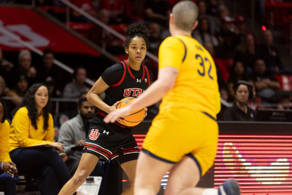 Utah Utes guard Lani White (3) controls the ball against University of California’s guard Ioanna Krimilli (32) at University of Utah’s Huntsman Center in Salt Lake City on Jan. 14, 2024. University of Utah won 93-56. | Marielle Scott, Deseret News