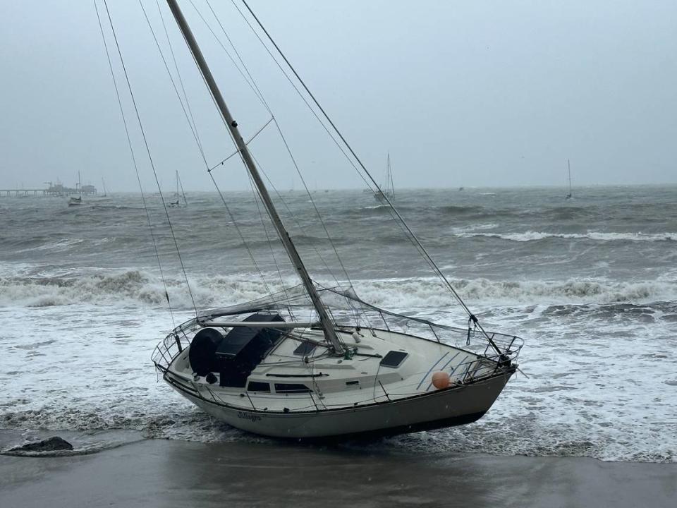 Fisherman’s Beach and Olde Port Beach at Port San Luis Harbor were both closed “due to hazardous surf, rising tide and boats on the beach” during an atmospheric river storm Feb. 4, 2024.