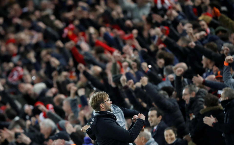 <p>Soccer Football – Champions League Quarter Final First Leg – Liverpool vs Manchester City – Anfield, Liverpool, Britain – April 4, 2018 Liverpool manager Juergen Klopp celebrates after Sadio Mane (not pictured) scored their third goal Action Images via Reuters/Carl Recine </p>