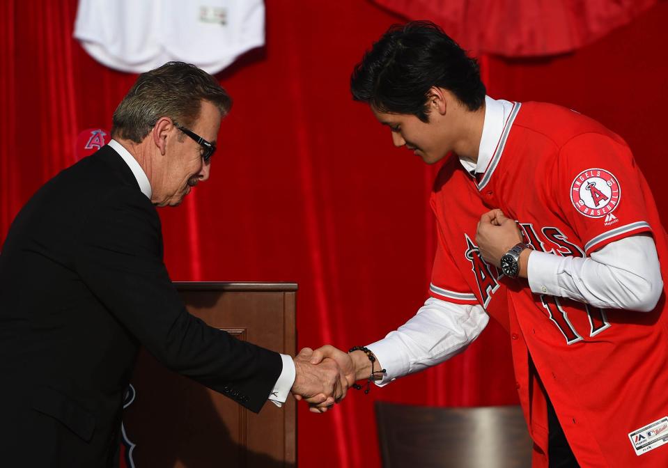 Arte Moreno introduces Shohei Ohtani as an Angels player on Dec. 9, 2017.