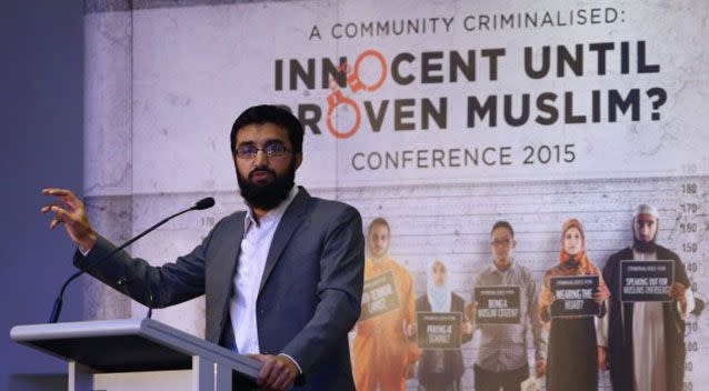 Hizb ut-Tahrir spokesman Uthman Badar delivers a speech during the conference 