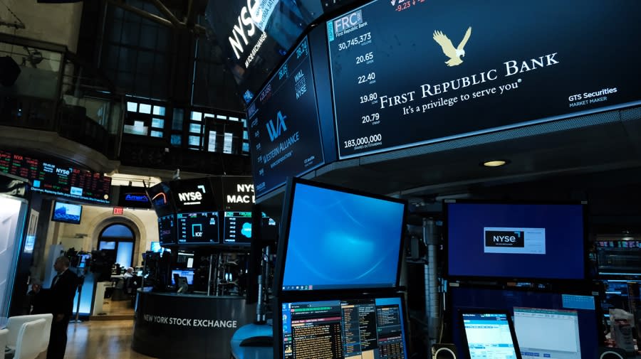 <sub>First Republic Bank is displayed on a monitor on the floor of the New York Stock Exchange (NYSE) on March 16, 2023 in New York City. (Photo by Spencer Platt/Getty Images)</sub>