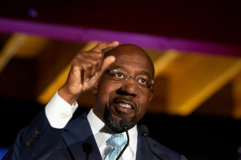 FILE PHOTO: Democratic U.S. Senate candidate Rev. Raphael Warnock holds Election Night event in Atlanta