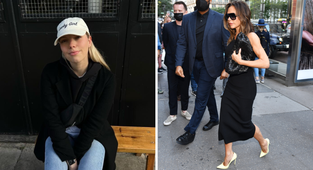 Florence Bird (left) says she wore a pair of heels to an interview for a job with Victoria Beckham (right) to 'make an impression'. (Florence Bird/Getty Images)