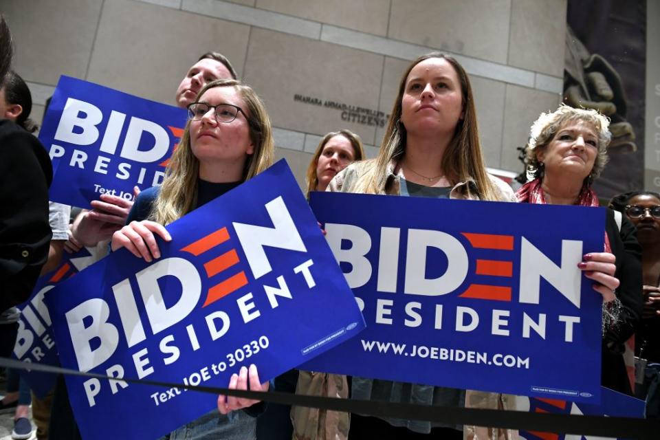 Supporters of Biden cheer as he speaks in Philadelphia, Pennsylvania on March 10, 2020. Source: Getty