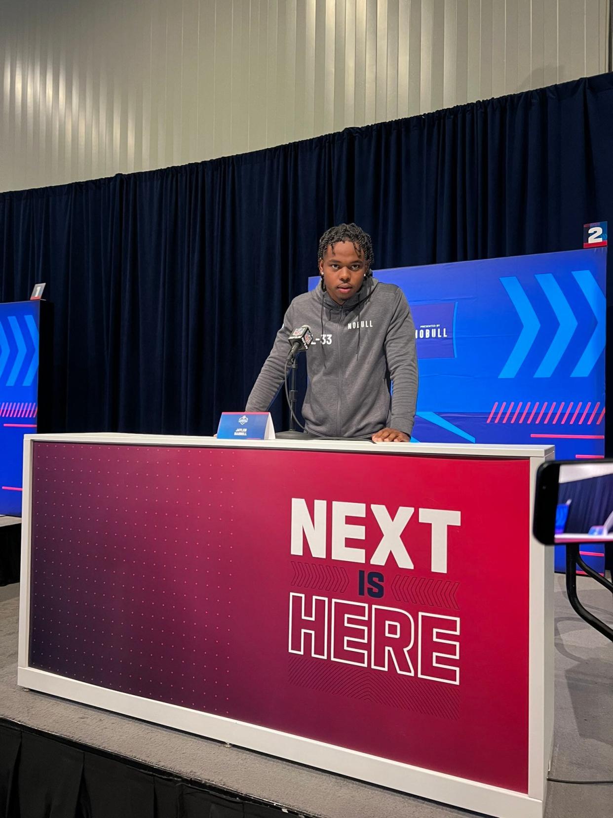 Jaylen Harrell on Feb. 28, 2024 at the NFL combine in Indianapolis.