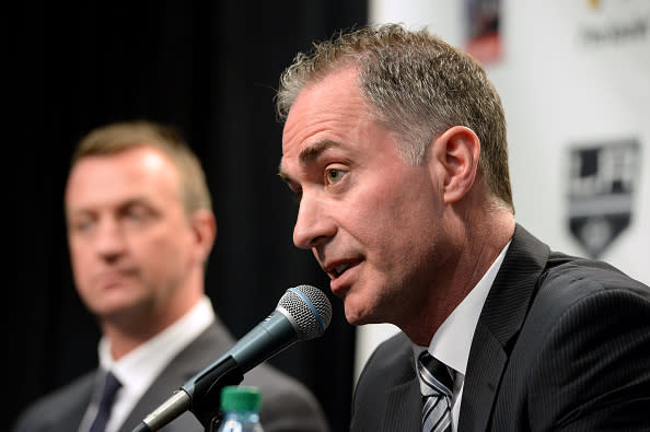 LOS ANGELES, CA - APRIL 24: Los Angeles Kings Head Coach John Stevens addresses the media during a press conference naming him head coach of the team at STAPLES Center on April 24, 2017 in Los Angeles, California. (Photo by Andrew D. Bernstein/NHLI via Getty Images)