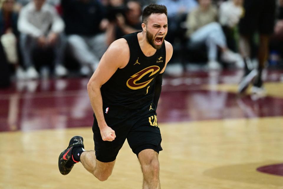 Cavaliers guard Max Strus reacts after being called for a foul during the second half against the Magic in Game 5 of a first-round NBA playoff series, April 30, 2024, in Cleveland.