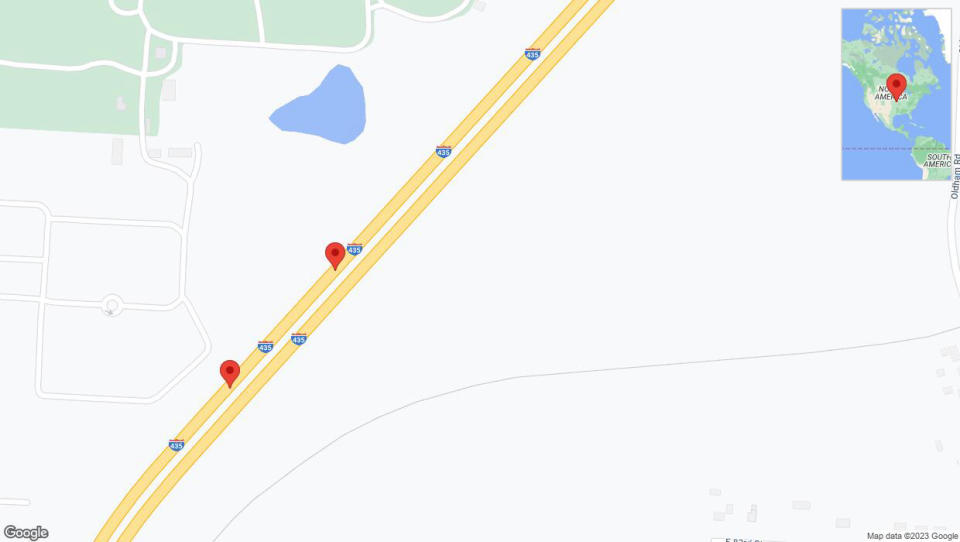 A detailed map that shows the affected road due to 'Broken down vehicle on southbound I-435 in Kansas City' on November 22nd at 5:05 p.m.