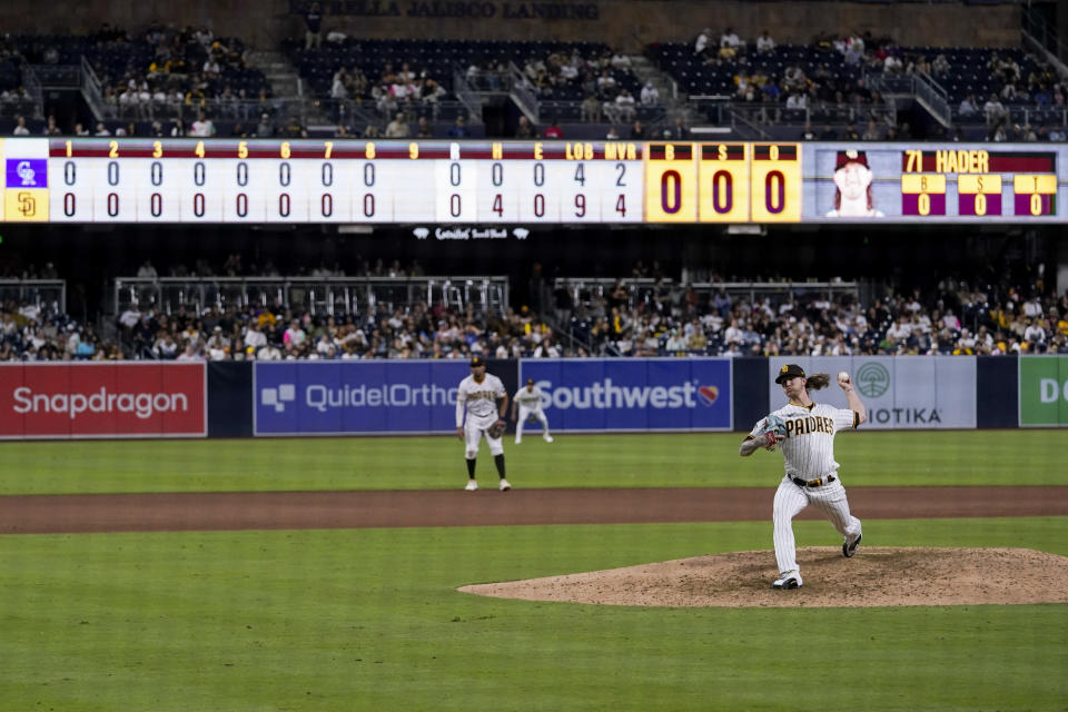 San Diego Padres relief pitcher Josh Hader works against a Colorado Rockies batter during the ninth inning of a baseball game Tuesday, Sept. 19, 2023, in San Diego. (AP Photo/Gregory Bull)