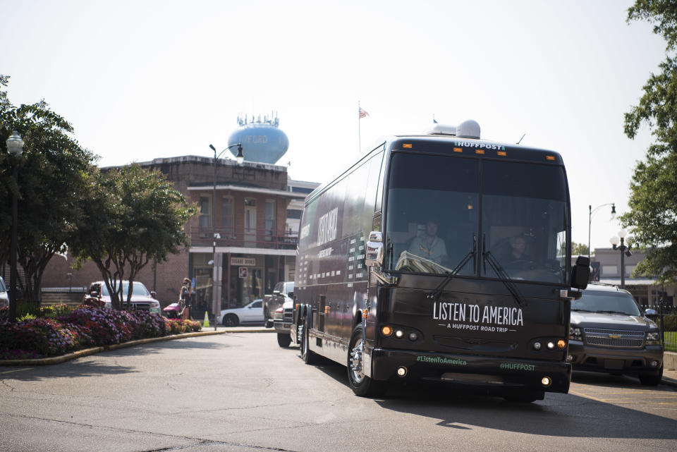 The HuffPost tour bus rolls into Oxford, Mississippi, on Sept. 15, 2017, as part of "Listen To America: A HuffPost Road Trip." The outlet will visit more than 20 cities on its tour across the country.