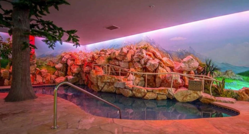 The swimming pool with painted on scenery on the walls. Lighting can be adjusted to simulate night and day. Source: Berkshire Hathaway HomeServices