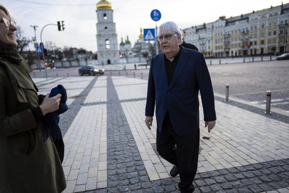 Martin Griffiths, Under-Secretary-General for Humanitarian Affairs and Emergency Relief Coordinator, walks after an interview with The Associated Press in Kyiv, Ukraine, Thursday, April 7, 2022. The United Nations humanitarian chief said Thursday he's not optimistic about securing a ceasefire to halt the fighting in Ukraine, following high-level talks in Moscow and Kyiv that underscored how far apart the two sides are. (AP Photo/Rodrigo Abd)
