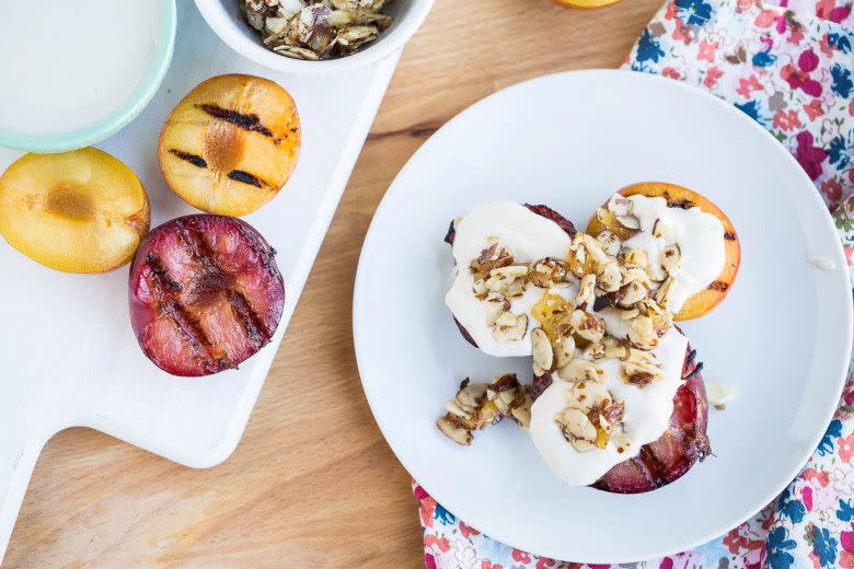 Grilled Pluots with Yogurt and Almond-Ginger Brittle