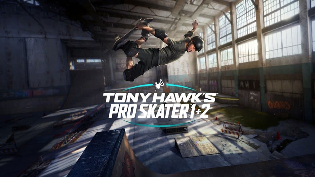 Tony Hawk performing a skate trick behind the Pro Skater 1+2 logo.