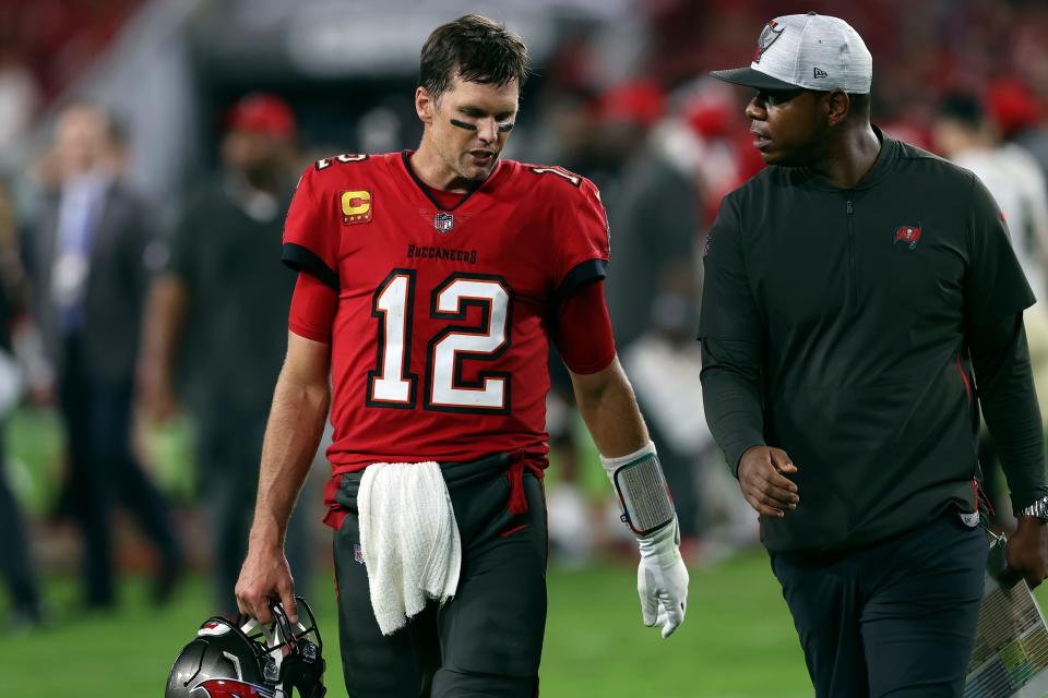 Former Tampa Bay Buccaneers quarterback Tom Brady and former offensive coordinator Byron Leftwich. Leftwich hasn't been able to get another coordinator job since he was fired in 2023.