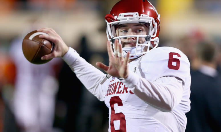 Baker Mayfield throwing the ball during warmups.