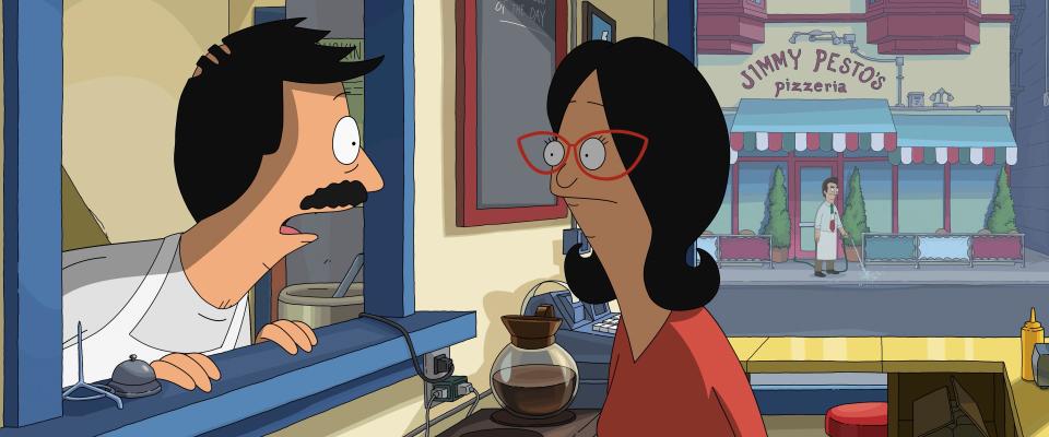 Bob Belcher (voiced by H. Jon Benjamin) and Linda Belcher (voiced by John Roberts) try to save their burger shop in "The Bob's Burgers Movie."