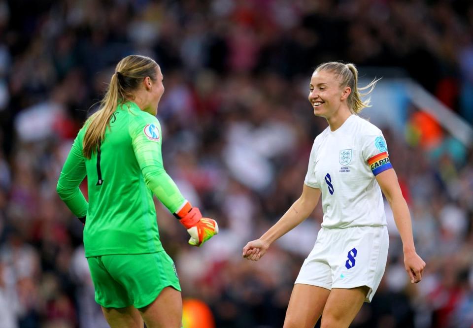 England’s Leah Williamson (right) and goalkeeper Mary Earps celebrate after the decisive goal (Nick Potts/PA) (PA Wire)